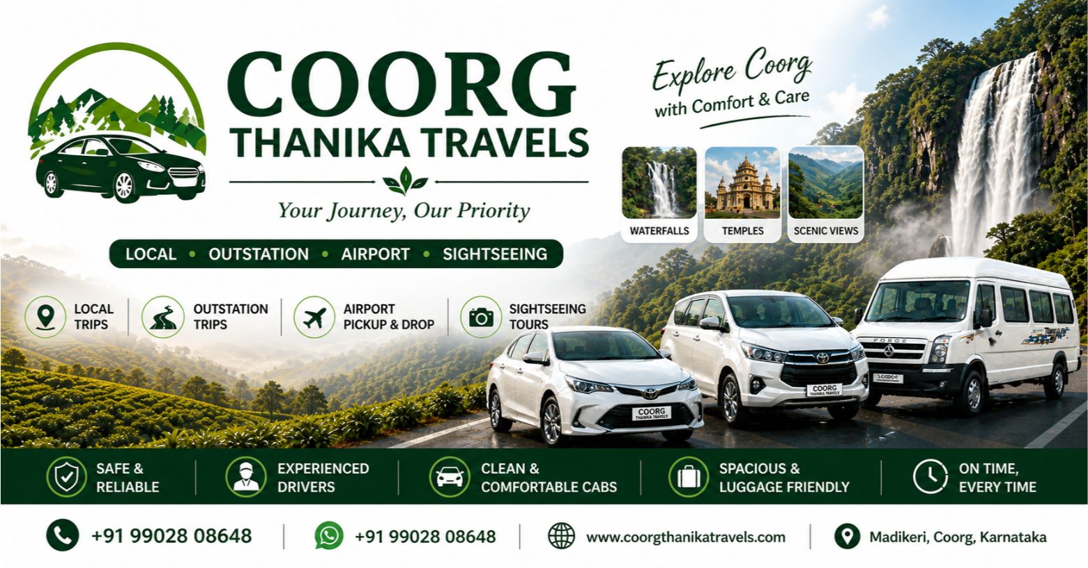 Taxi service vehicle and scenic Coorg travel banner